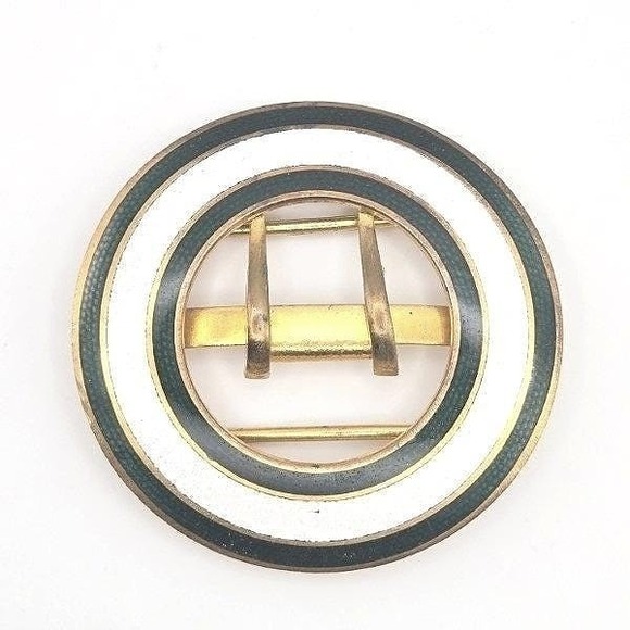 Accessories - Antique Edwardian Enamel Buckle Clasp Round Brass White Green Accent